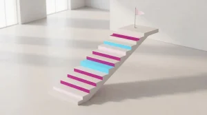 Breite Treppe mit einzelnen Stufen und einem kleinen Fähnchen ganz oben.