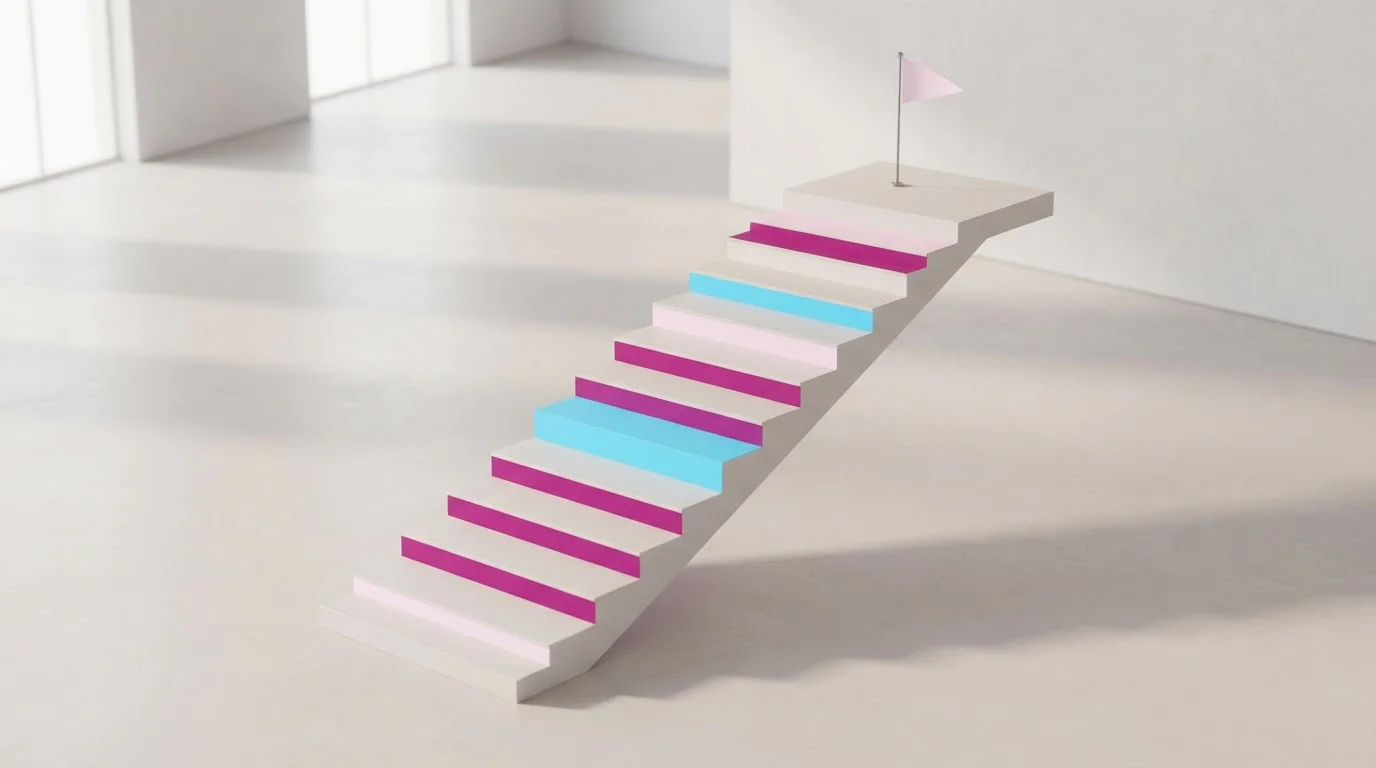 Breite Treppe mit einzelnen Stufen und einem kleinen Fähnchen ganz oben.