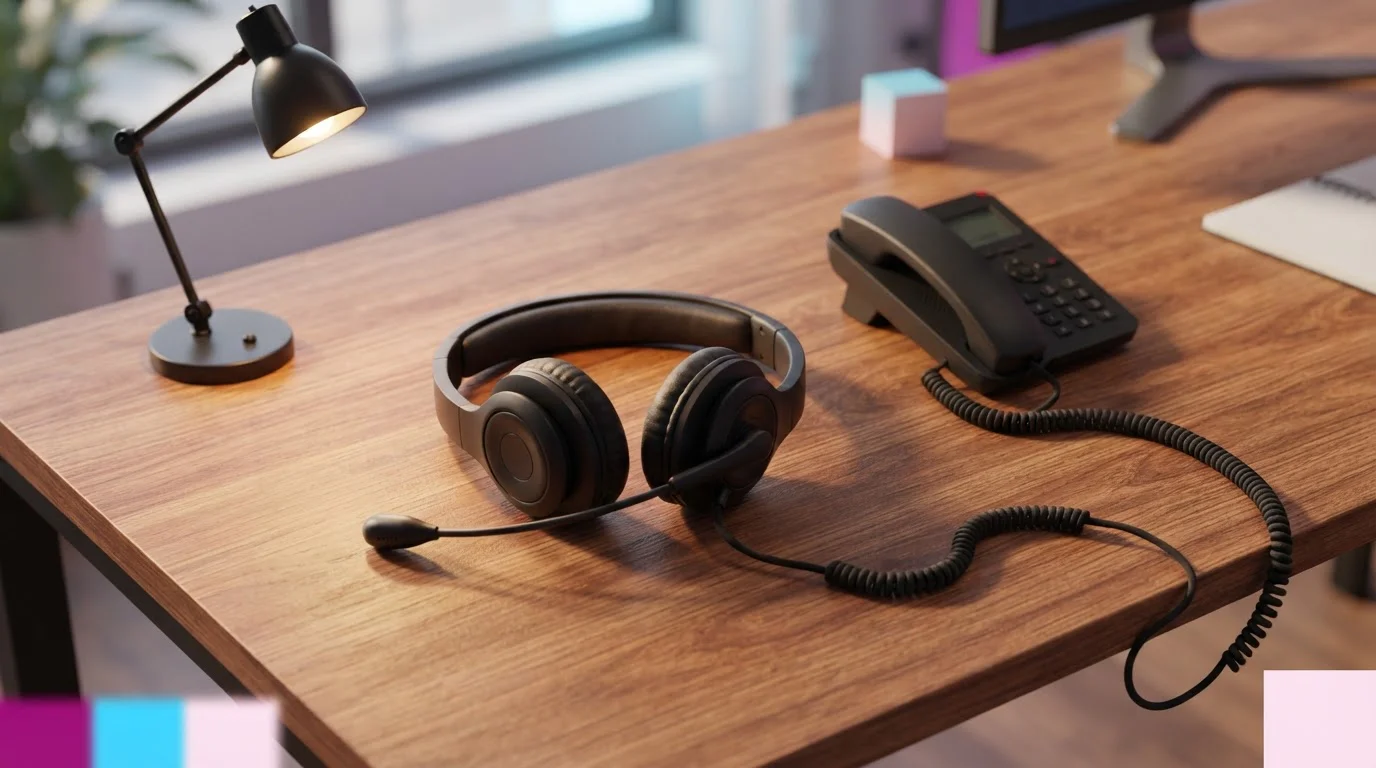 Schwarzes Headset mit Mikrofon auf einem hölzernen Schreibtisch