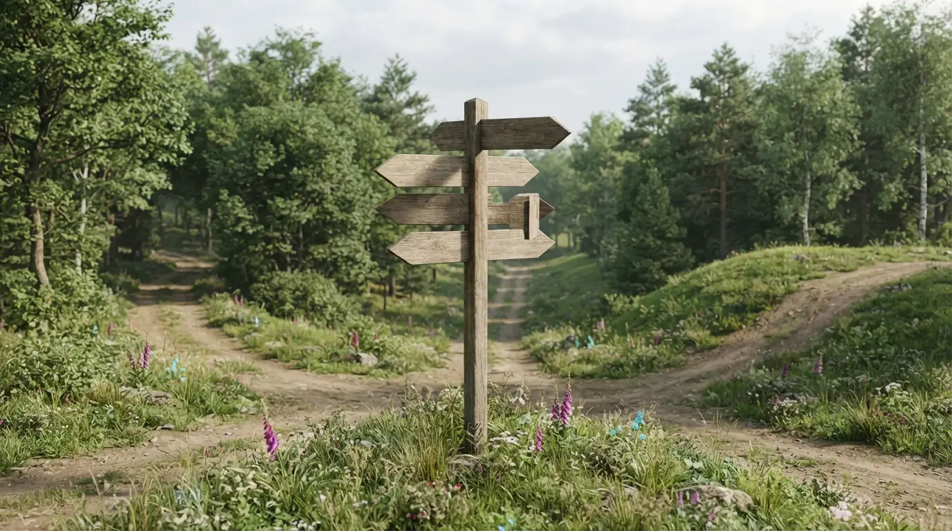 Wegweiser aus Holz mit mehreren Pfeilen an einem Waldweg