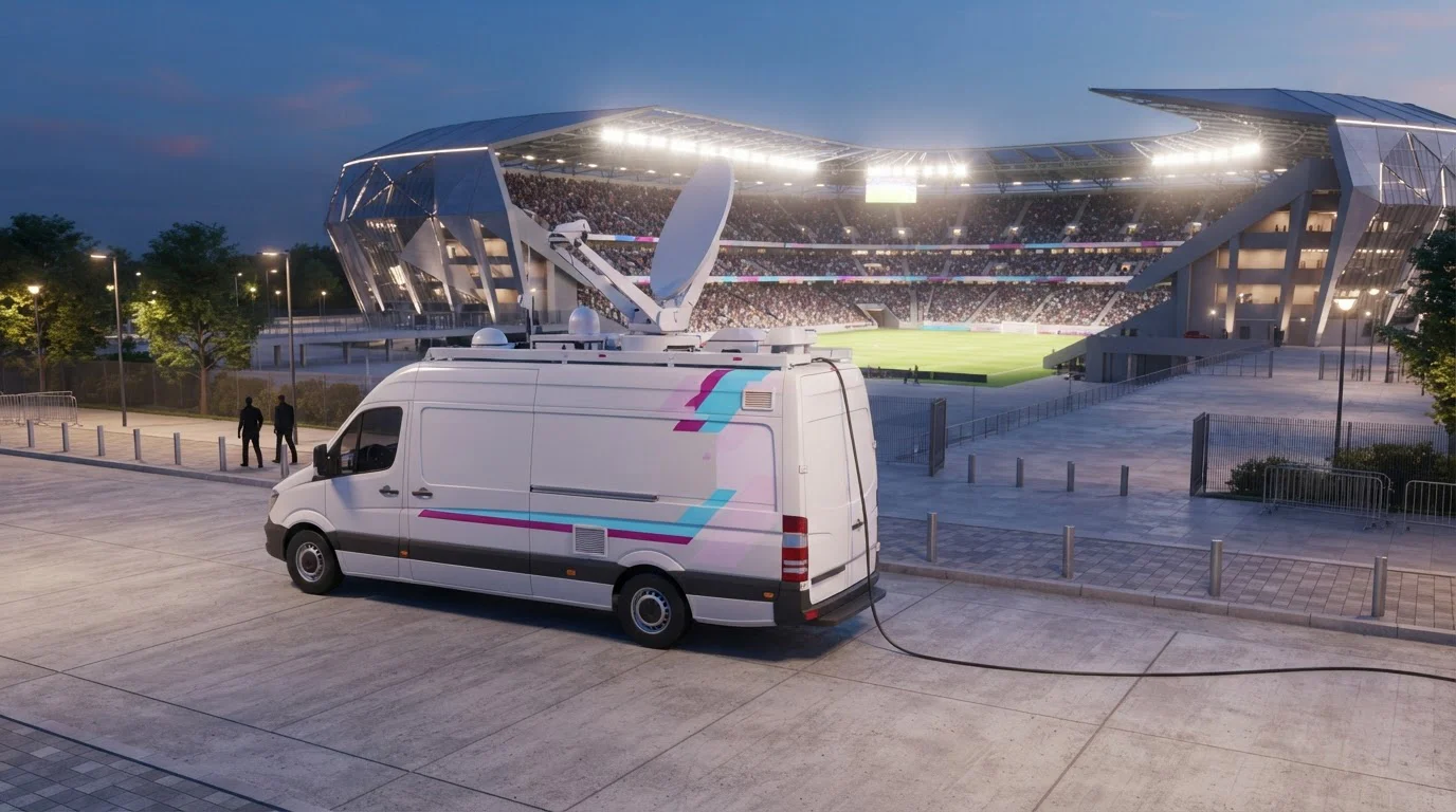 Übertragungswagen mit Satellitenschüssel neben einem Fußballstadion