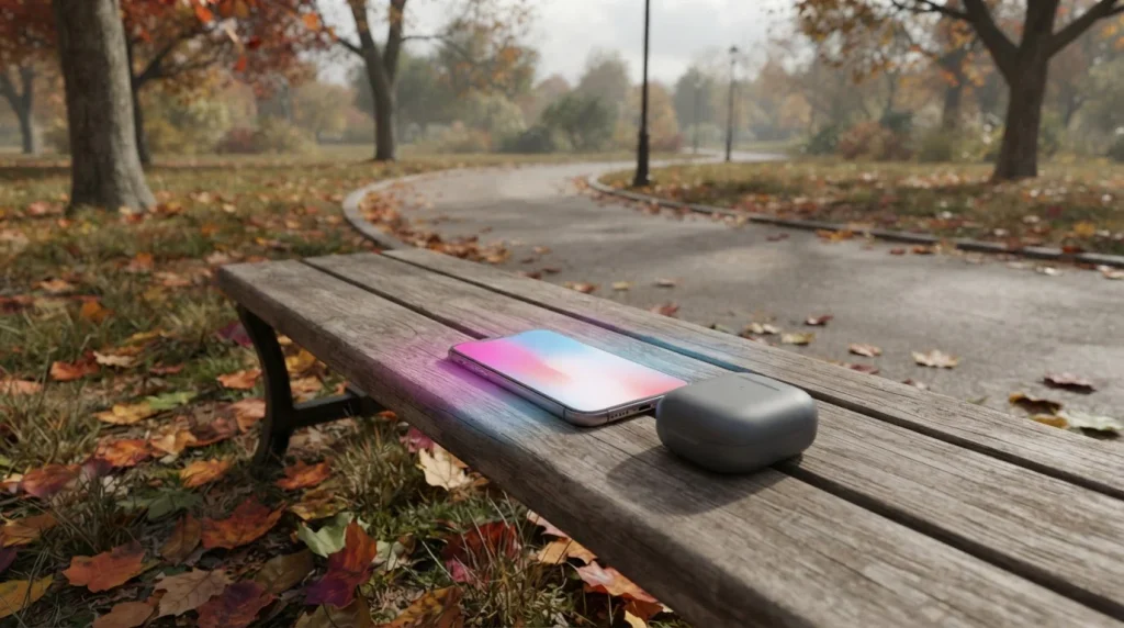 Smartphone und Kopfhörer auf einer Parkbank zwischen herbstlichen Blättern.