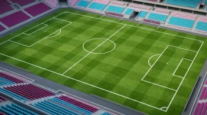 Fußballspielfeld aus der Vogelperspektive mit klaren weißen Linien