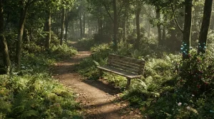 Holzbank an einem Waldweg zwischen hohen grünen Bäumen