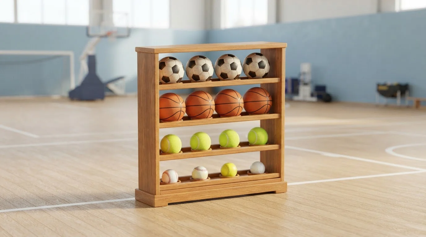 Regal mit verschiedenen Sportbällen in einer hellen Sporthalle